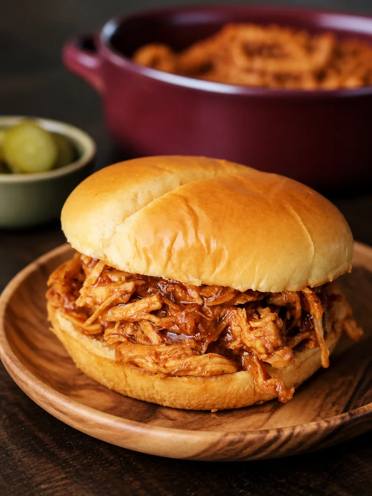 Pollo BBQ tierno y desmenuzado cocido en olla de cocción lenta
