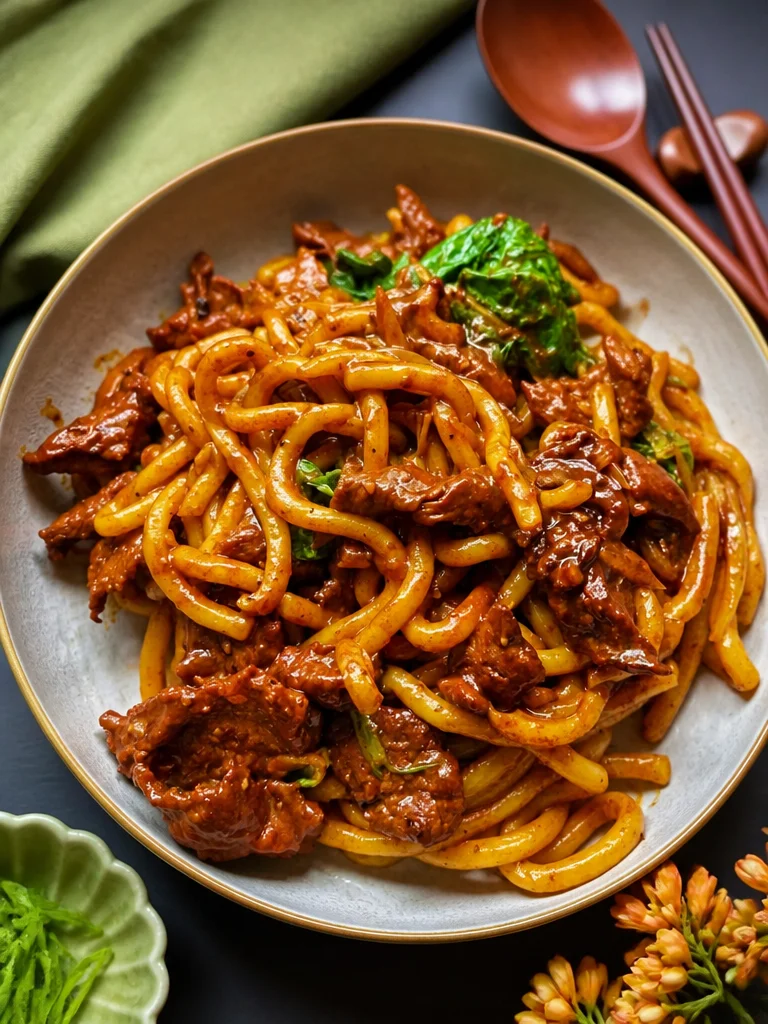 Plato de Udon de Ternera con Pimienta Negra, listo para servir.