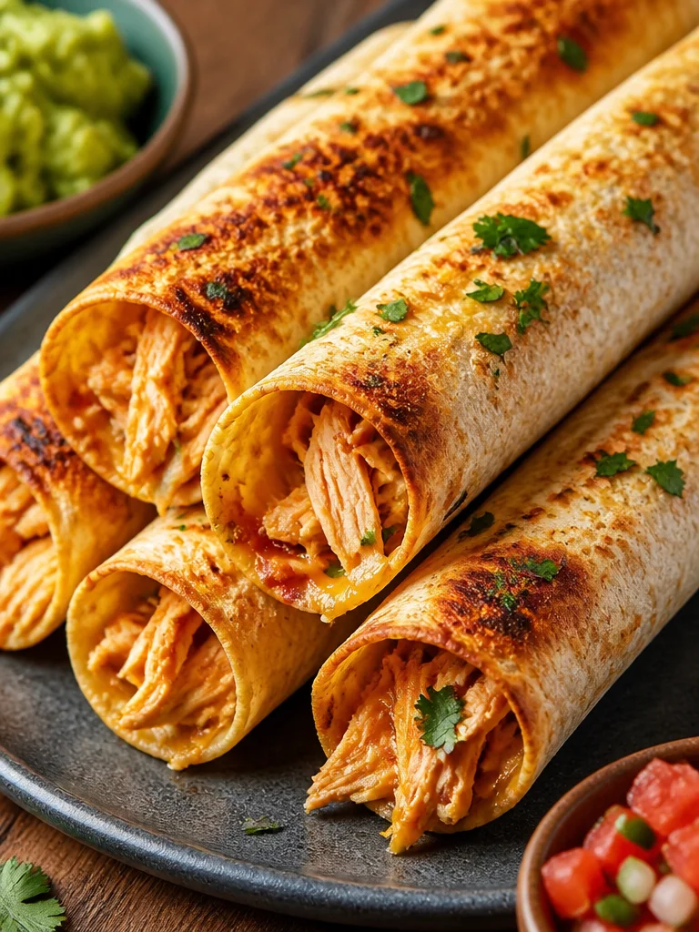 Taquitos de pollo al horno vibrantes y coloridos en un plato